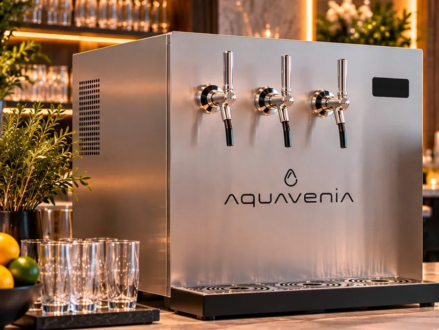 Close view of the AquaVenia BGV 50L taps and drip tray