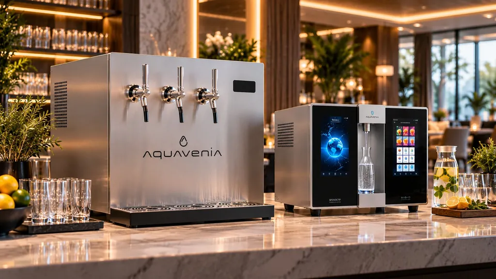 AquaVenia BGV 50L three-tap system beside the AquaVenia Countertop 50 (SF050CTP) touchscreen system on a marble counter