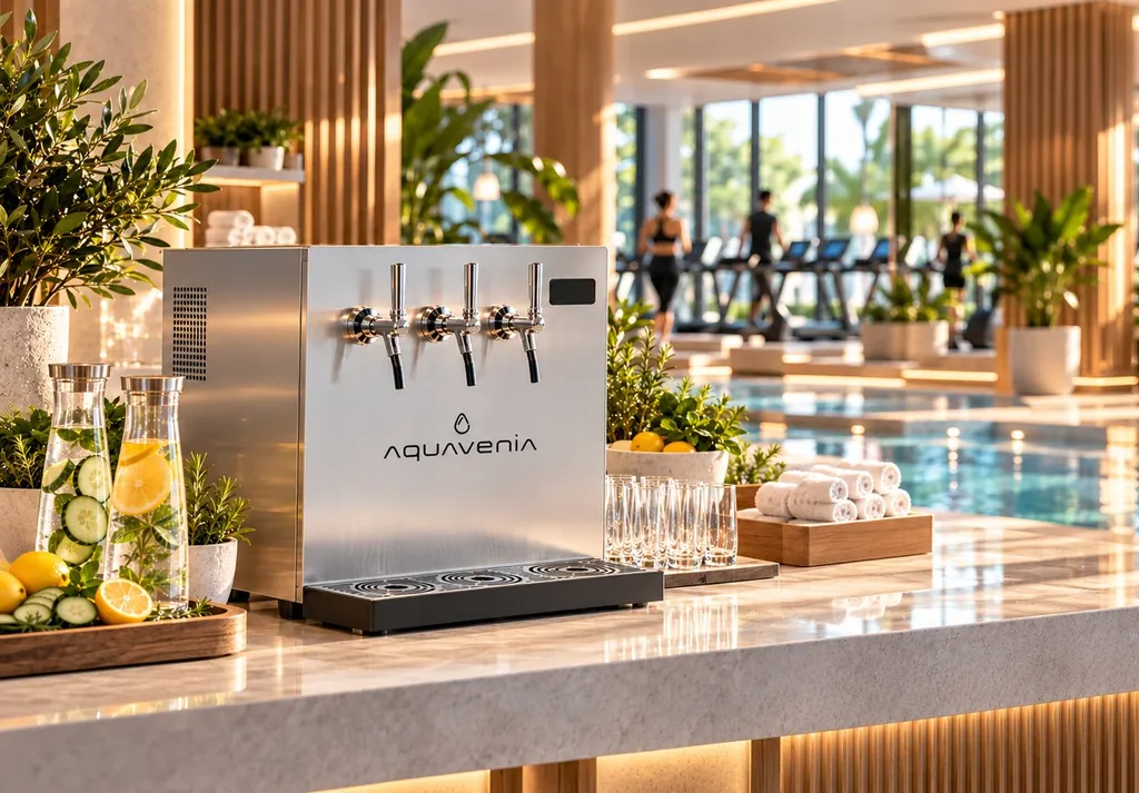 AquaVenia BGV 50L on a marble counter with infused-water carafes, in a wellness club with treadmills and an indoor pool behind