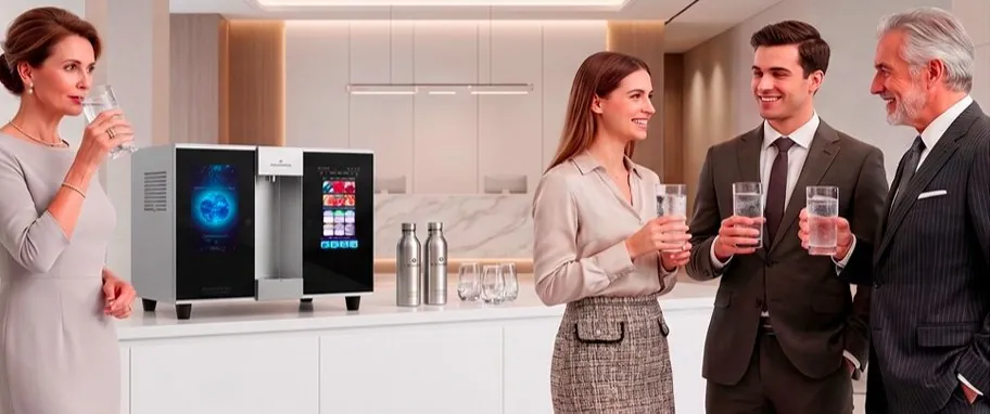 Four colleagues drinking water beside the AquaVenia Countertop 50 touchscreen system in a bright interior